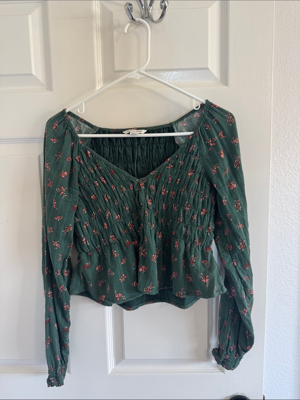 American Eagle Outfitters Dark Green Floral Smocked V-Neck Top